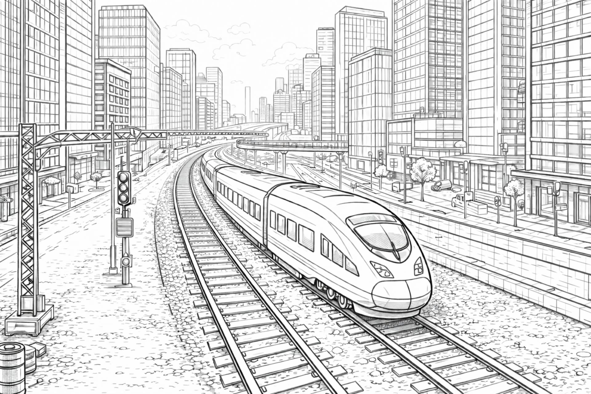 Zug in der Großstadt – Ausmalbild für Kinder ab 8 Jahren