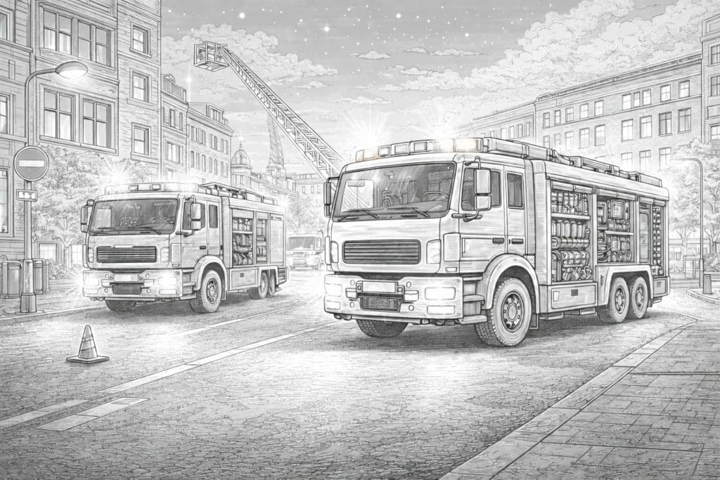 Feuerwehr bei Nacht im Stadtgebiet – Ausmalbild ab 11 Jahren