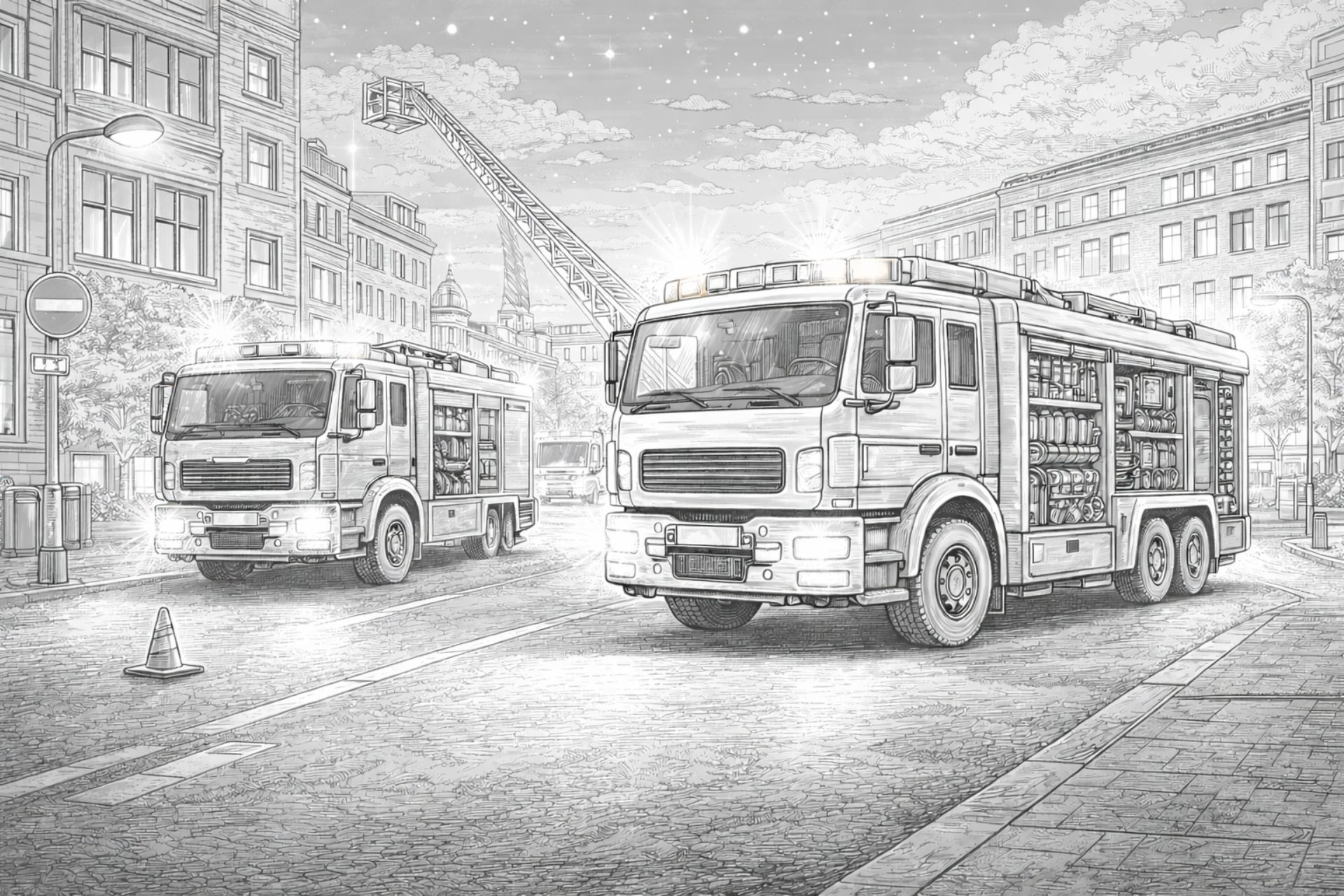 Feuerwehr bei Nacht im Stadtgebiet – Ausmalbild ab 11 Jahren