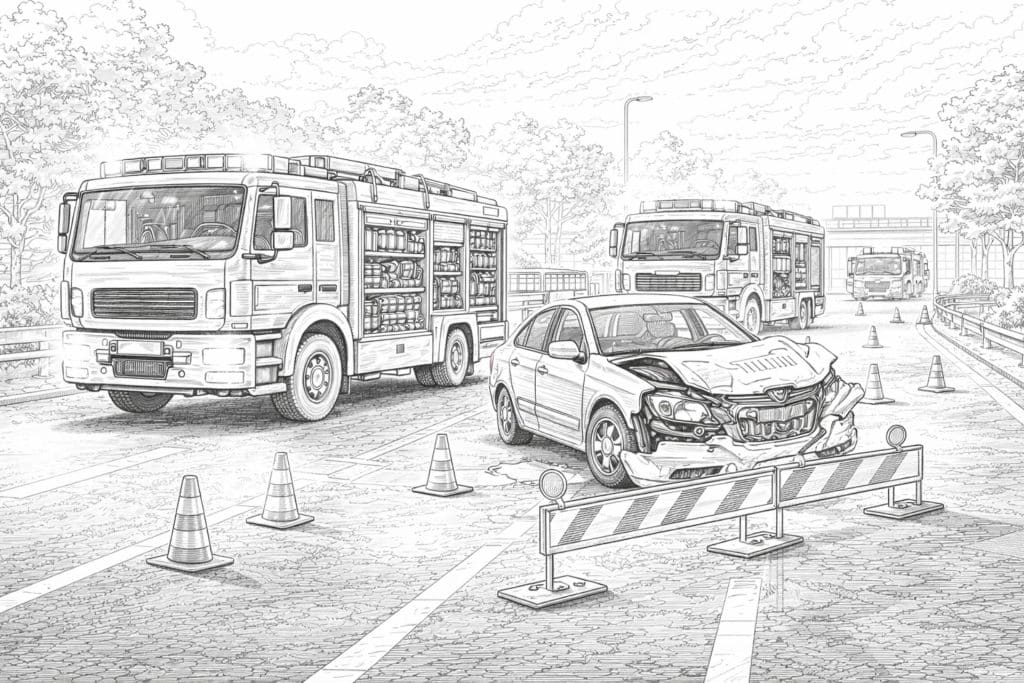Feuerwehr bei Verkehrsunfall – Ausmalbild ab 11 Jahren
