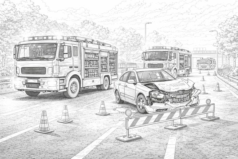 Feuerwehr bei Verkehrsunfall – Ausmalbild ab 11 Jahren