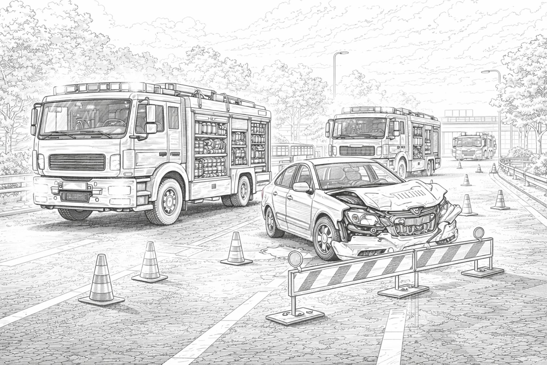 Feuerwehr bei Verkehrsunfall – Ausmalbild ab 11 Jahren