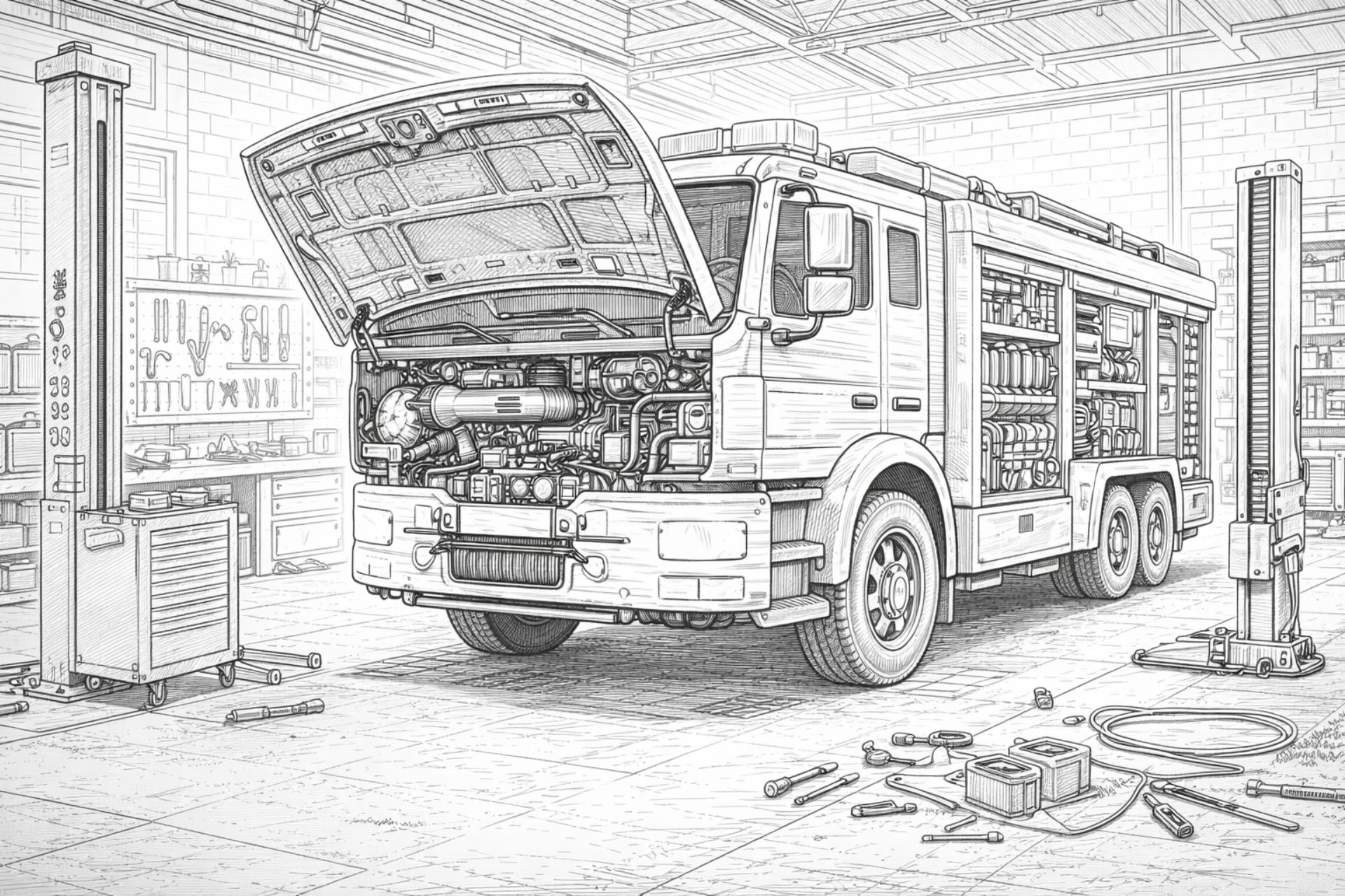 Feuerwehrfahrzeug in der Werkstatt – Ausmalbild ab 11 Jahren