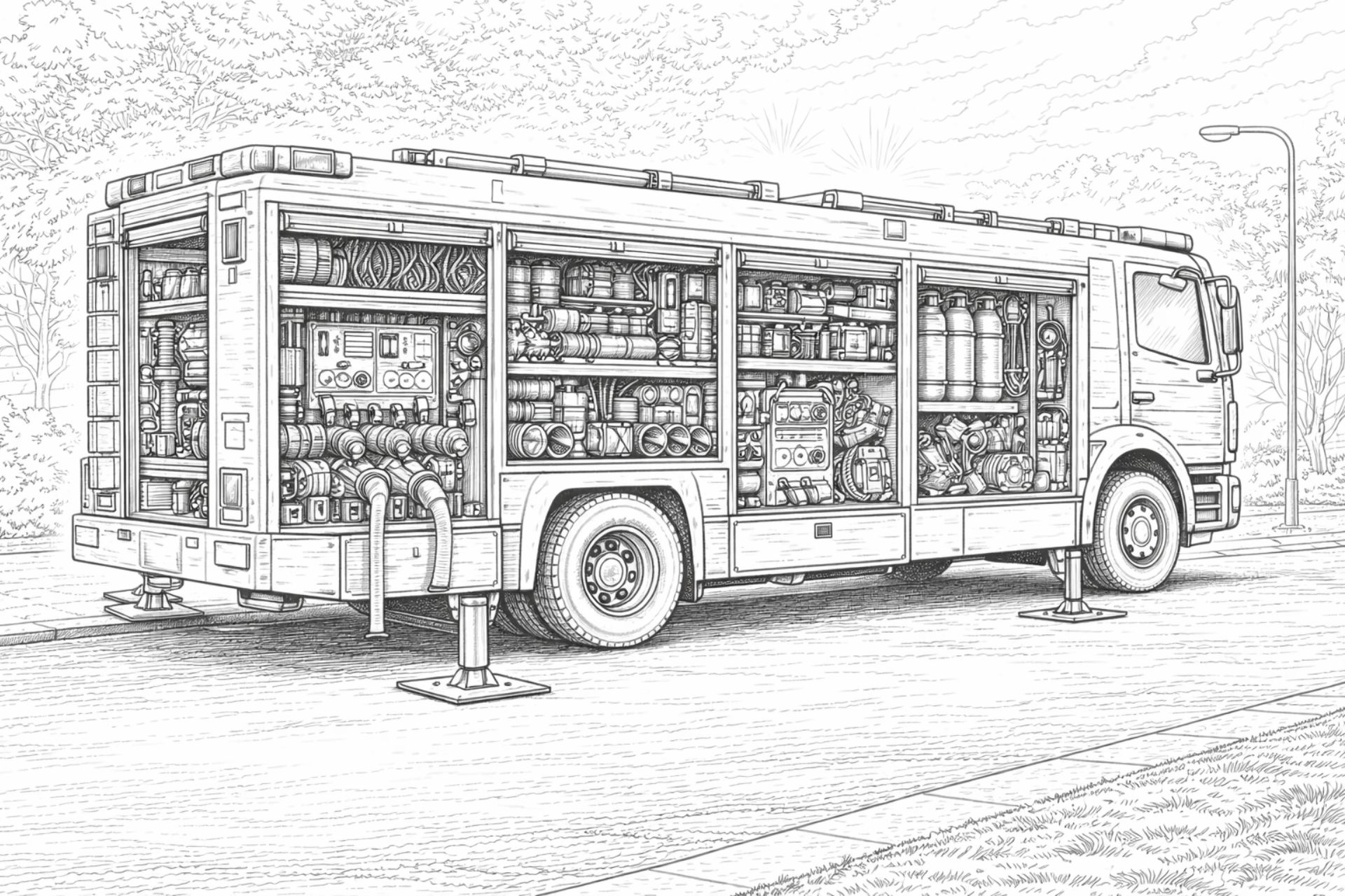 Feuerwehrfahrzeug Technik innen – Ausmalbild ab 11 Jahren