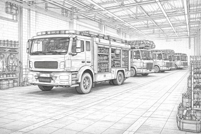 Feuerwehrfahrzeuge in der Wache – Ausmalbild ab 11 Jahren