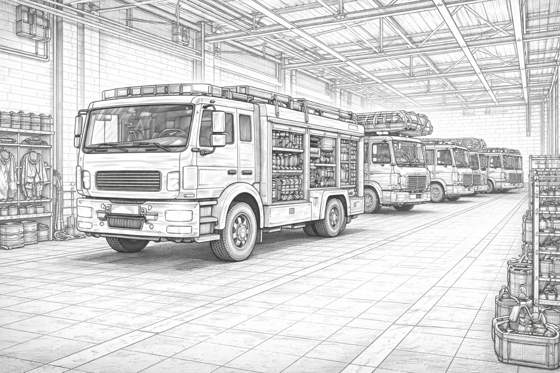 Feuerwehrfahrzeuge in der Wache – Ausmalbild ab 11 Jahren