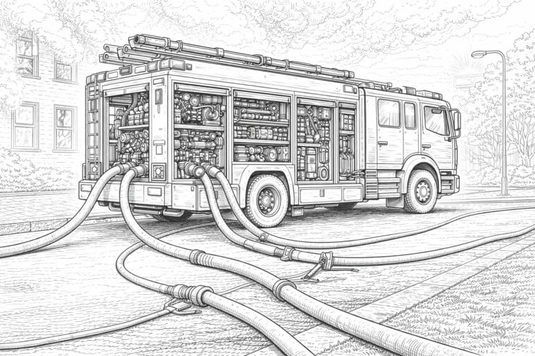 Großes Feuerwehrfahrzeug im Einsatz – Ausmalbild ab 11 Jahren