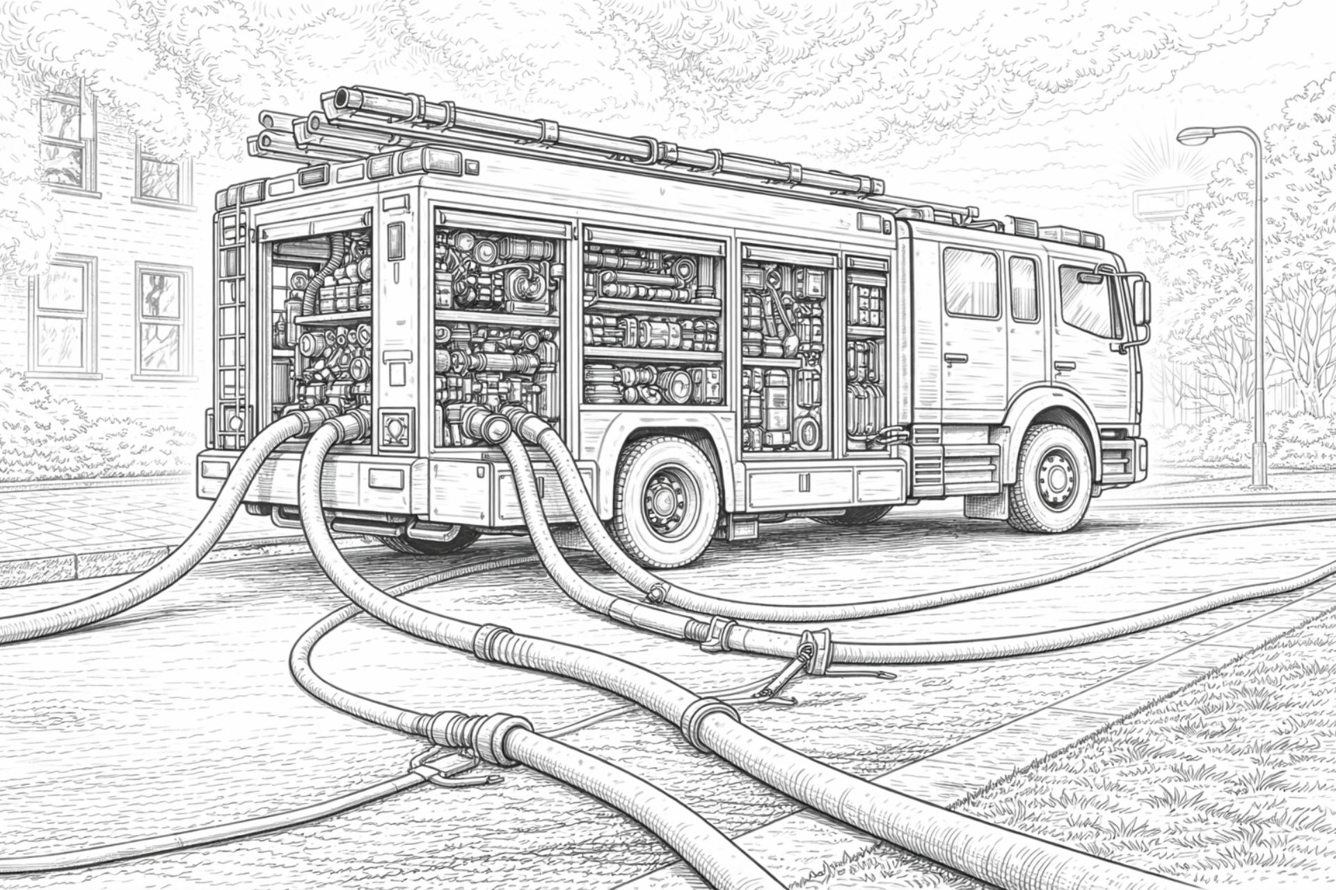 Großes Feuerwehrfahrzeug im Einsatz – Ausmalbild ab 11 Jahren