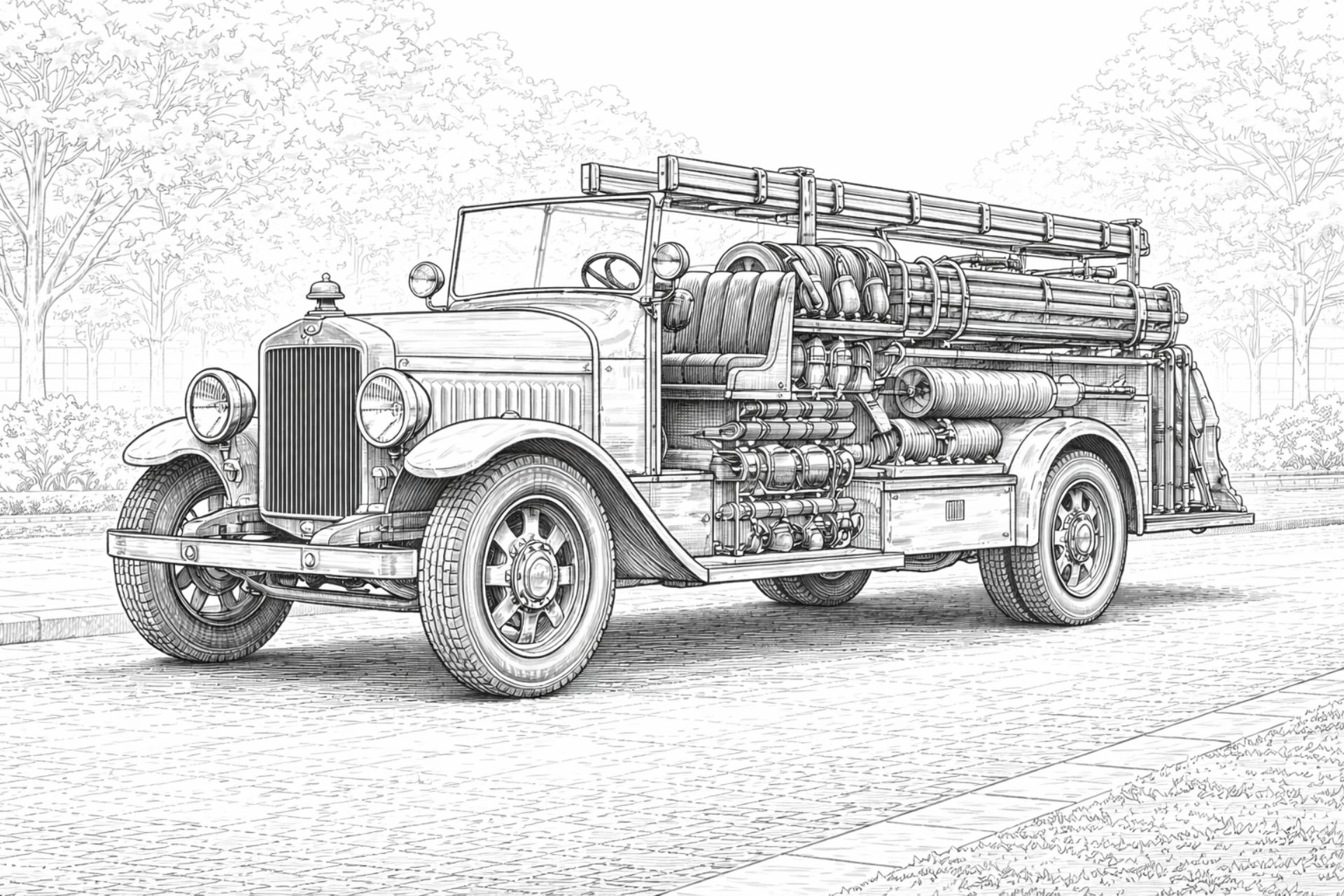 Historisches Feuerwehrfahrzeug – Ausmalbild ab 11 Jahren