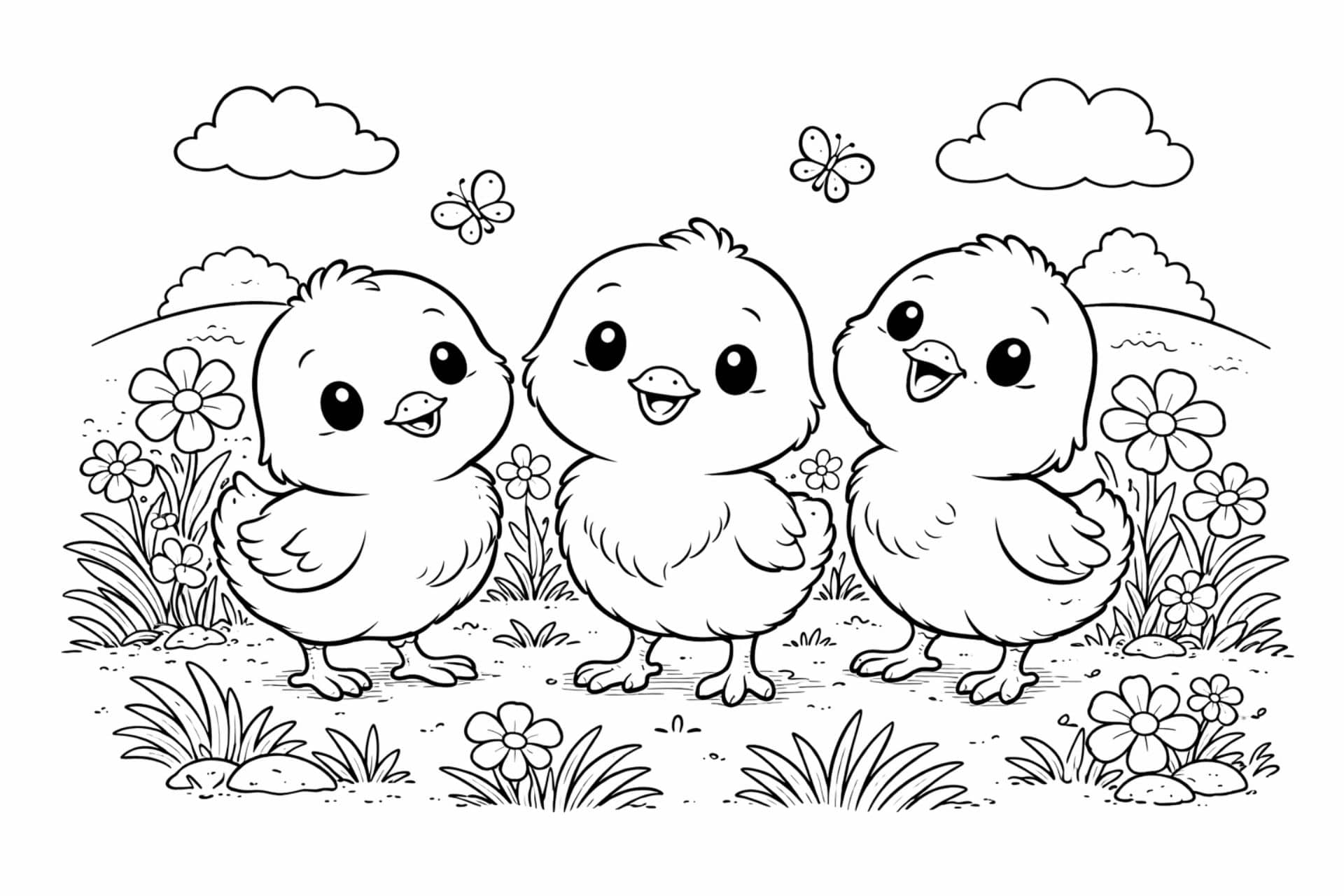 Drei Osterküken auf der Wiese – Ausmalbild ab 4 Jahren