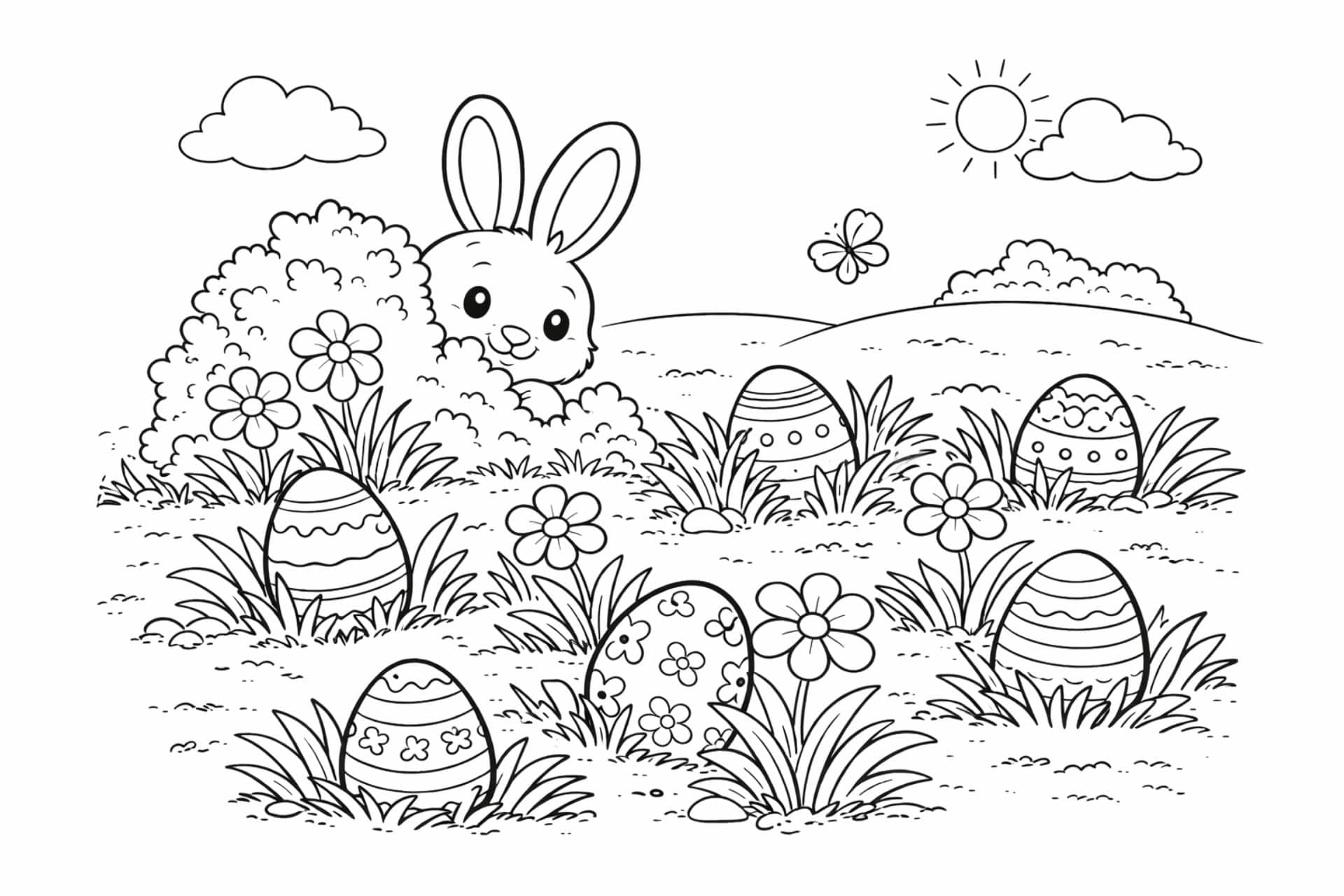 Ostereiersuche im Garten – Ausmalbild ab 4 Jahren