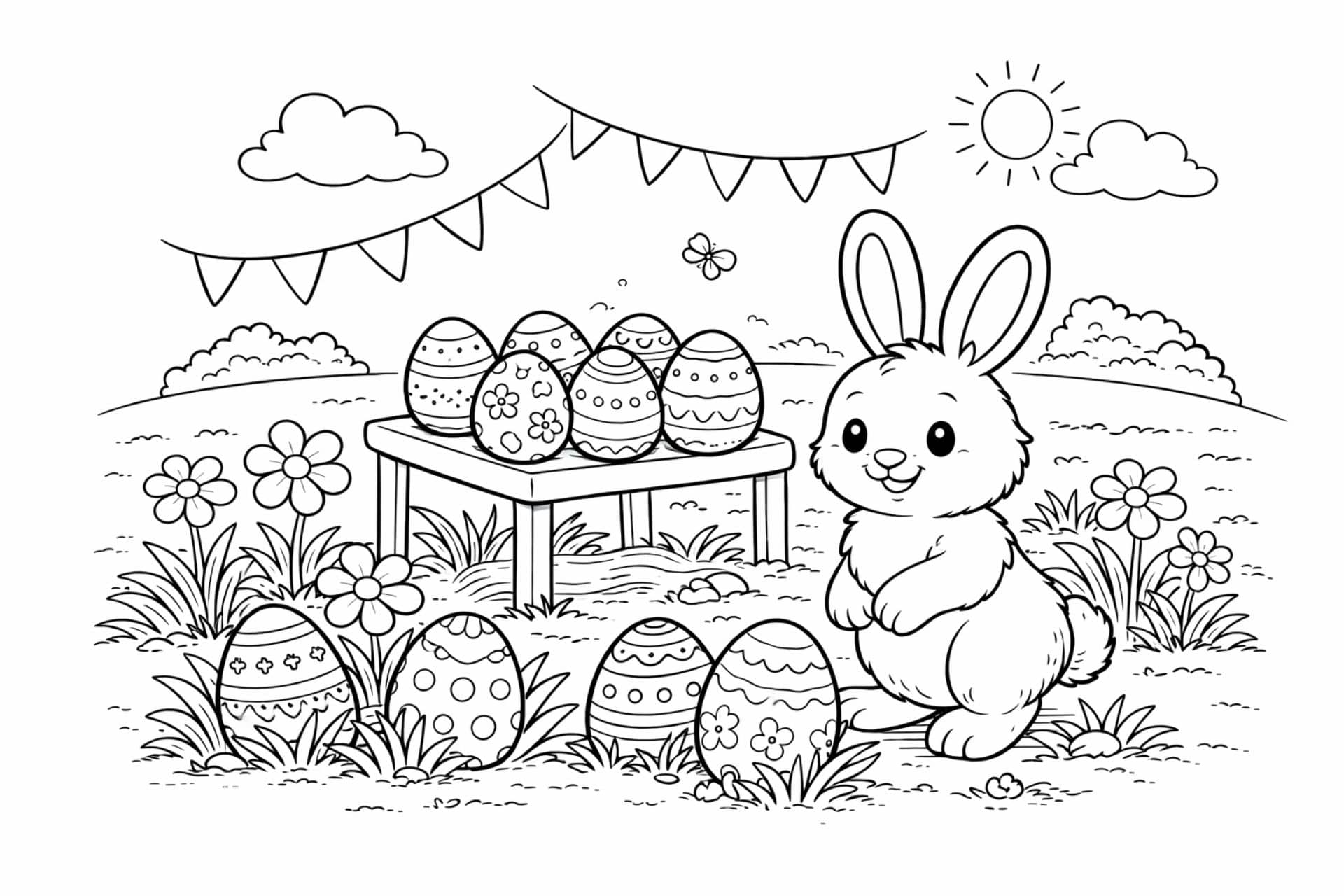 Osterfest im Garten – Ausmalbild ab 4 Jahren