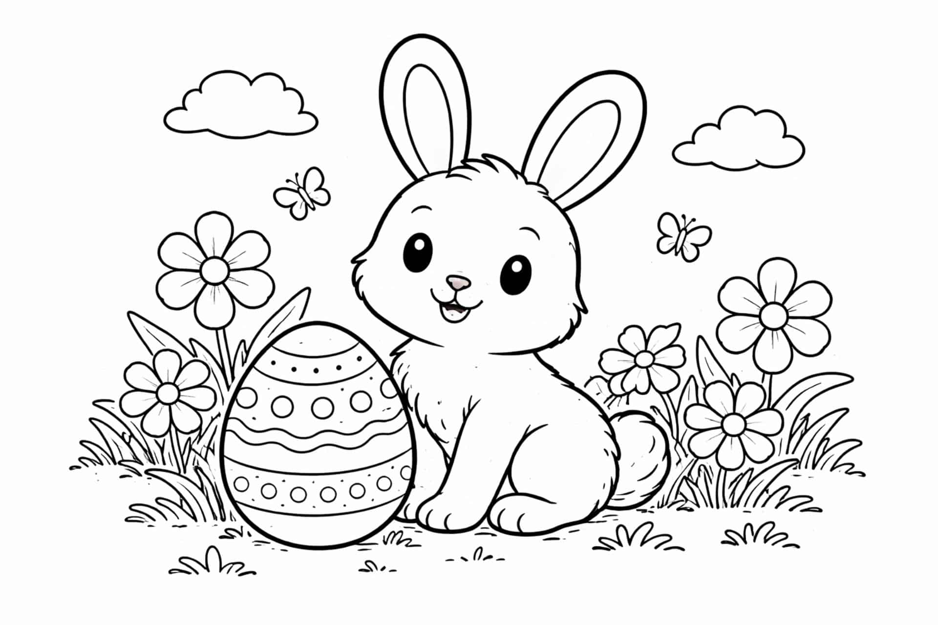 Osterhase im Blumenfeld – Ausmalbild ab 4 Jahren