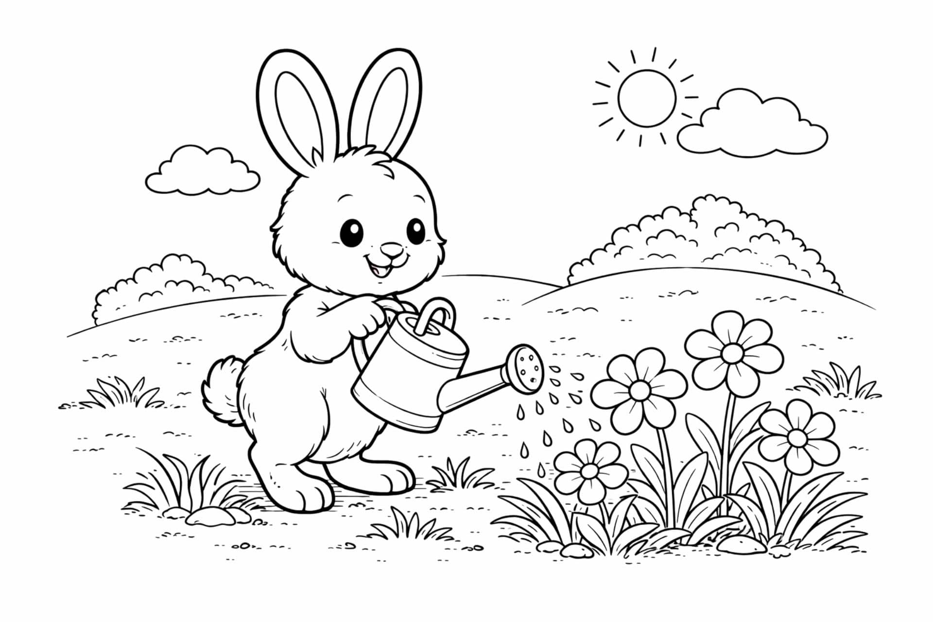 Osterhase im Frühlingsgarten – Ausmalbild ab 4 Jahren