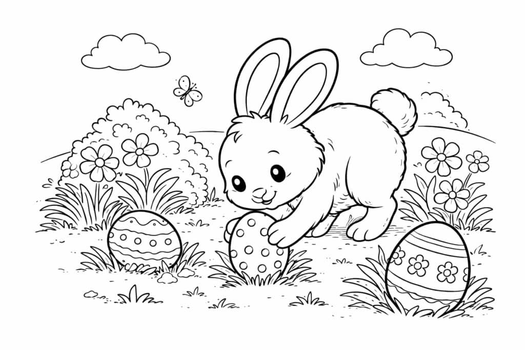 Osterhase versteckt Eier – Ausmalbild ab 4 Jahren