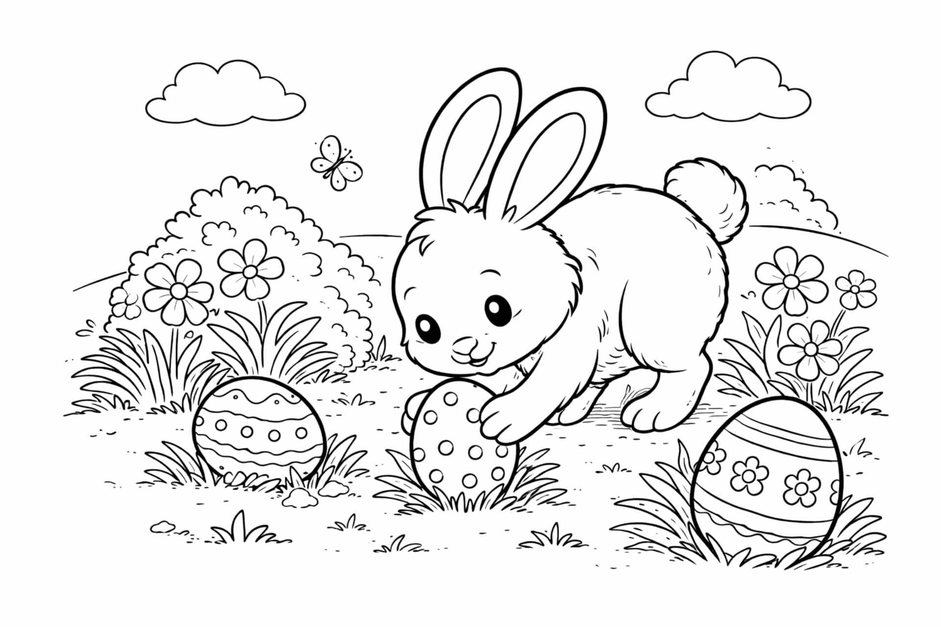 Osterhase versteckt Eier – Ausmalbild ab 4 Jahren
