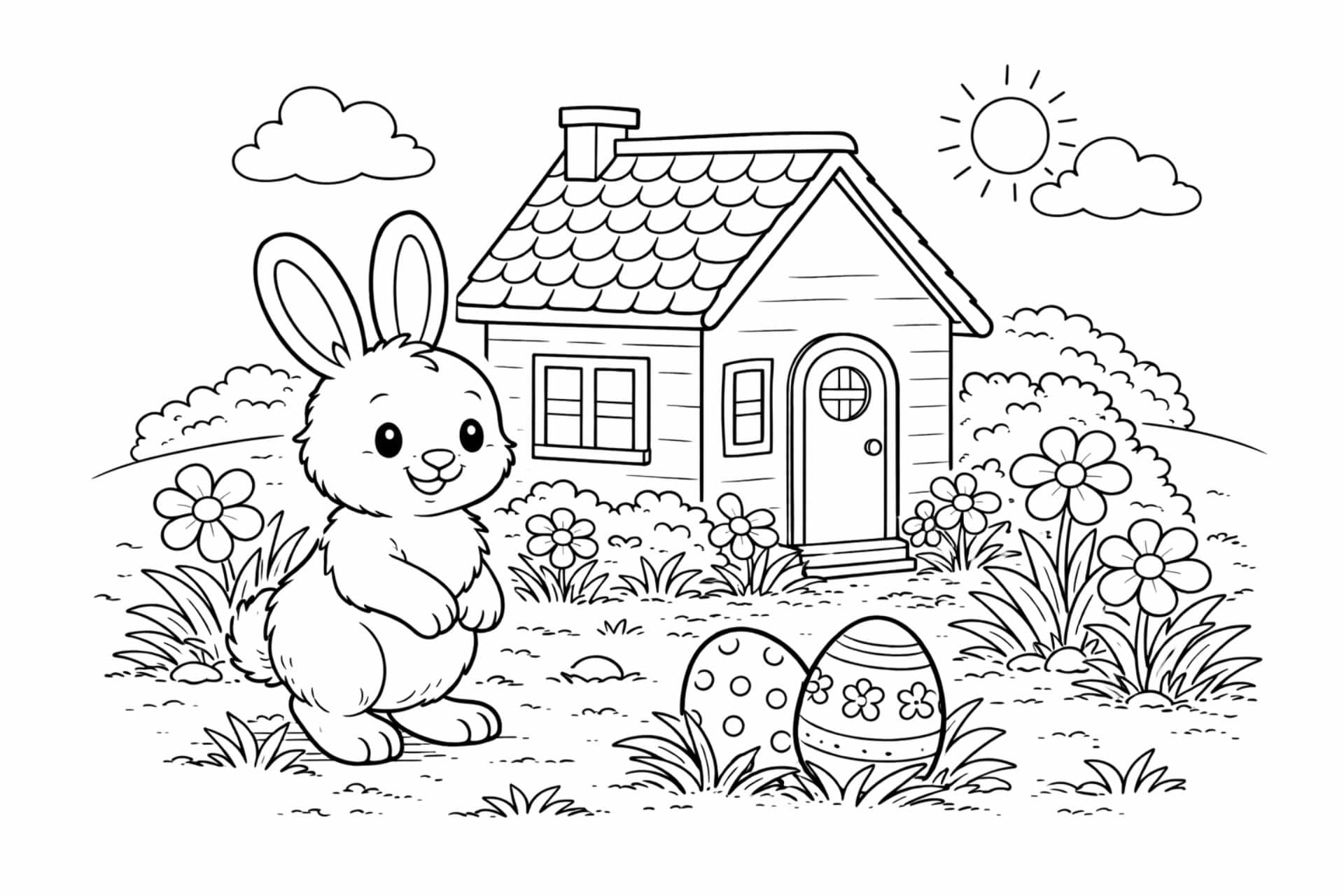 Osterhase vor dem Häuschen – Ausmalbild ab 4 Jahren