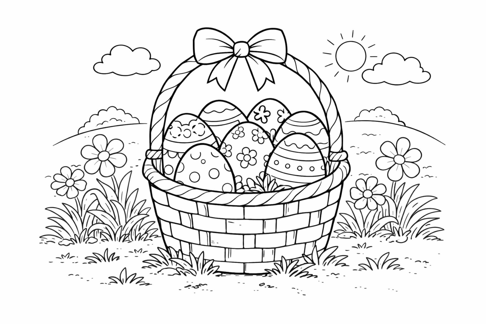 Osterkorb mit vielen Eiern – Ausmalbild ab 4 Jahren