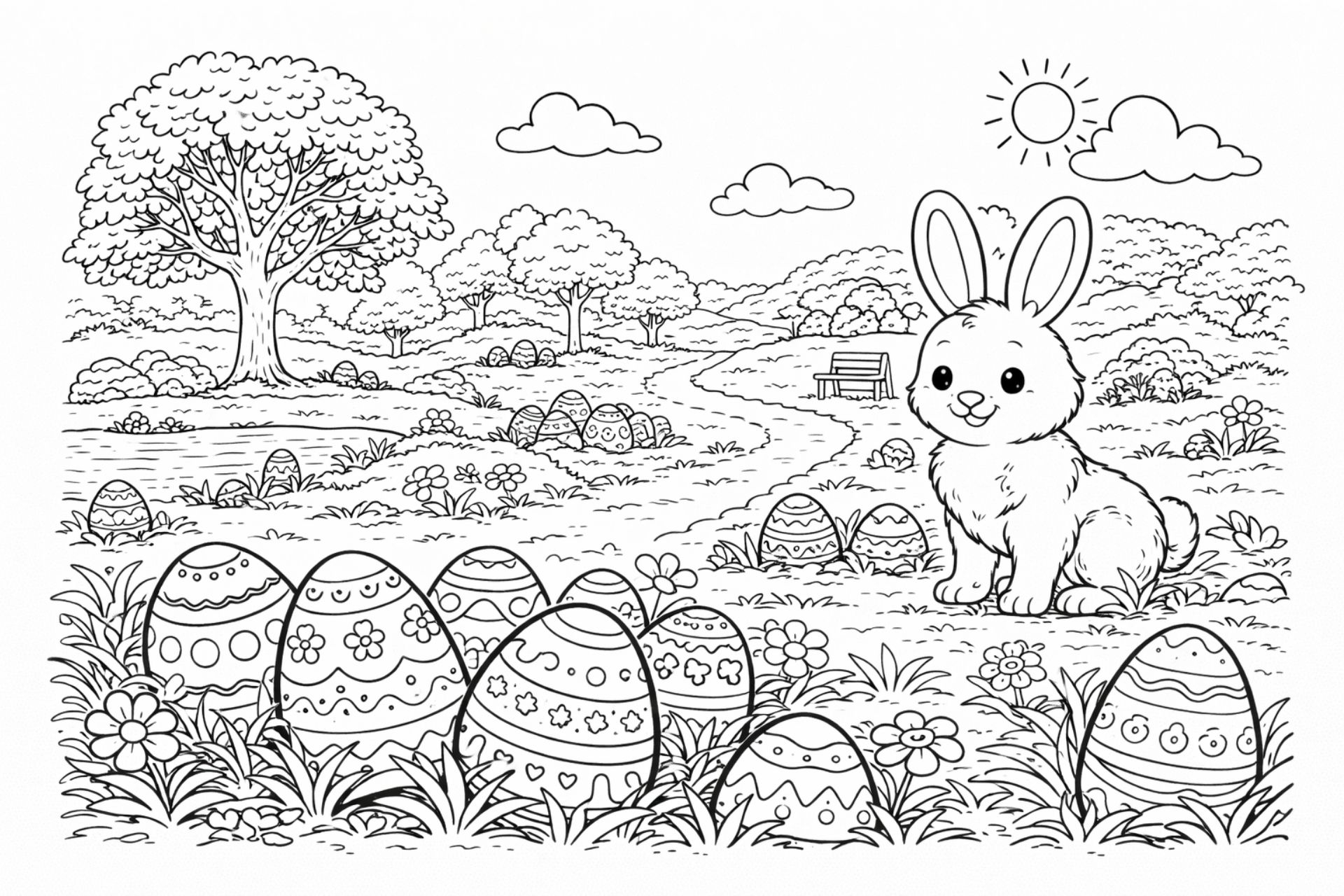 Große Ostereiersuche im Park – Ausmalbild ab 6 Jahren