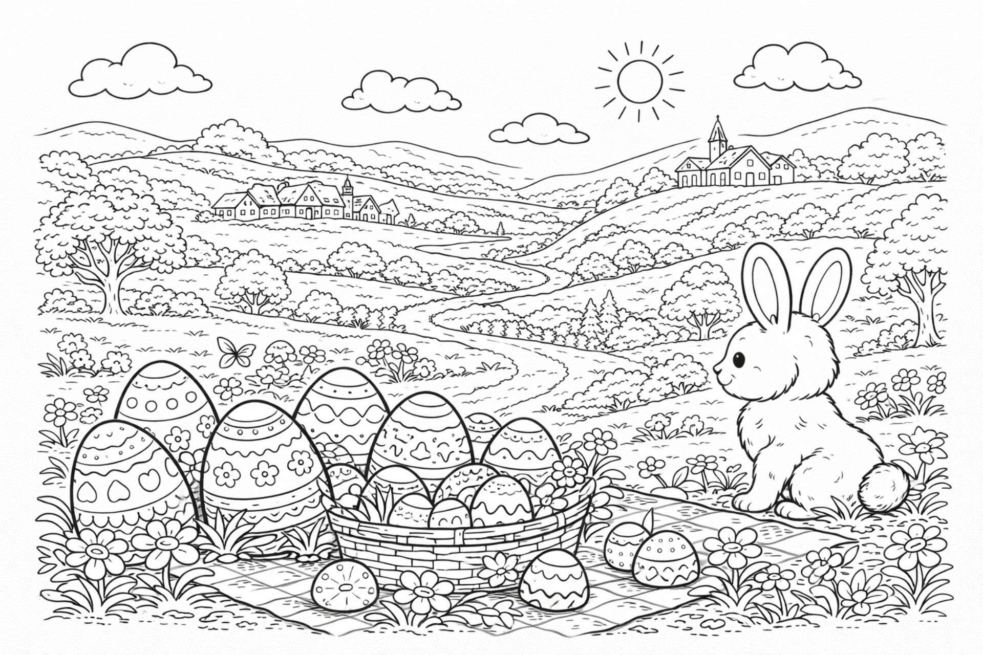 Große Osterlandschaft – Ausmalbild ab 6 Jahren