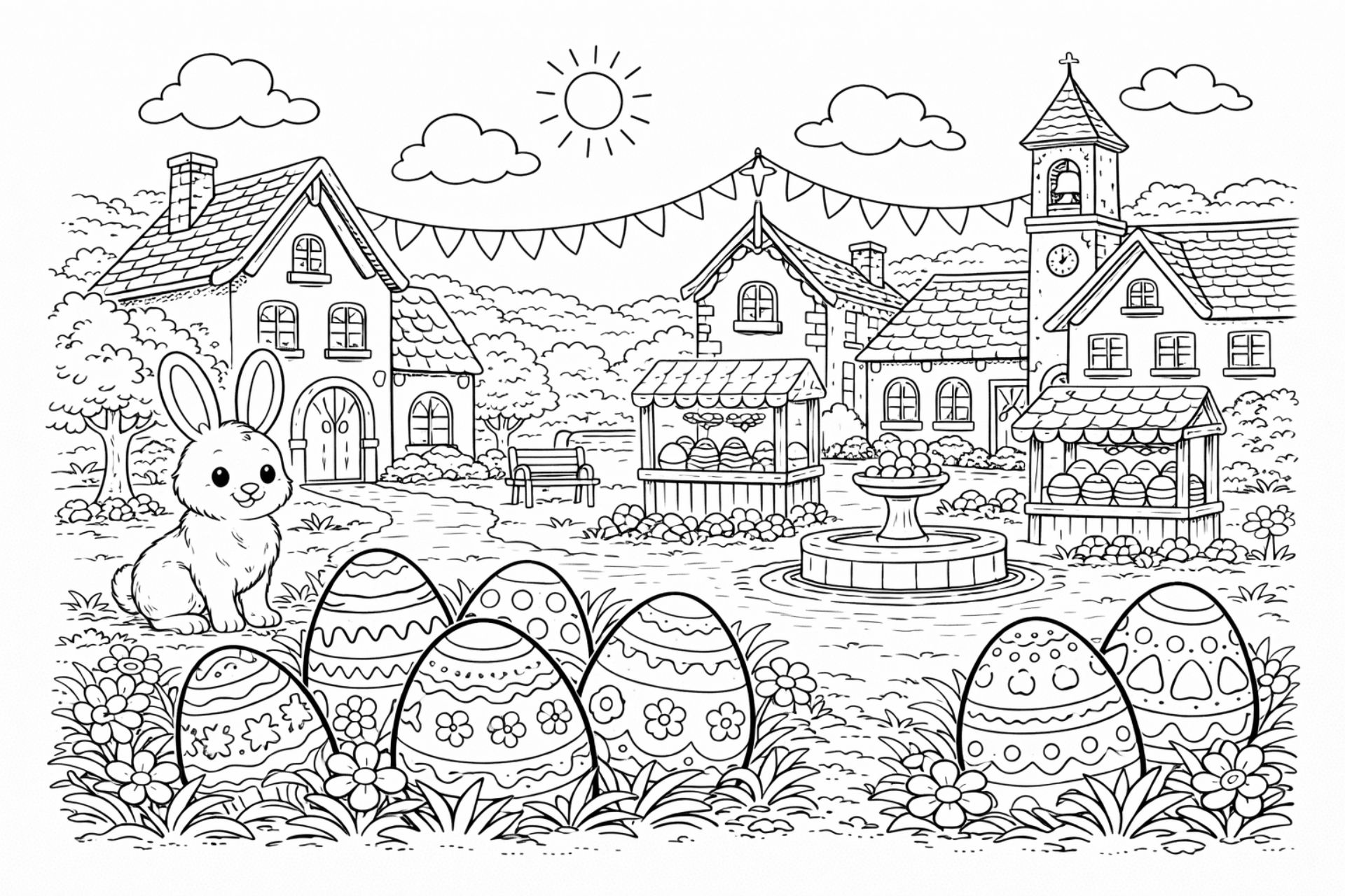 Osterdorf mit Marktplatz – Ausmalbild ab 6 Jahren