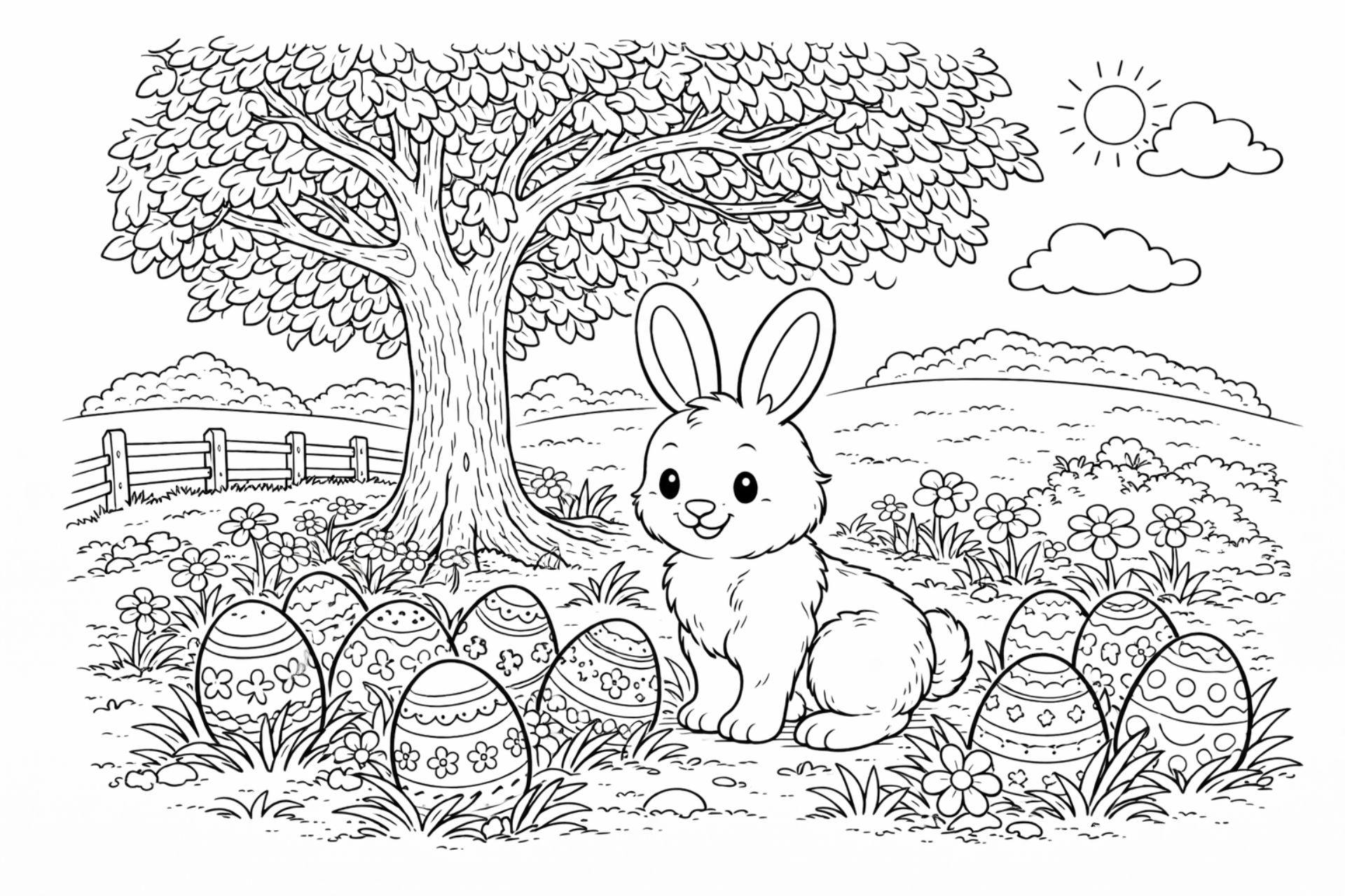 Osterhase unter dem Frühlingsbaum – Ausmalbild ab 6 Jahren