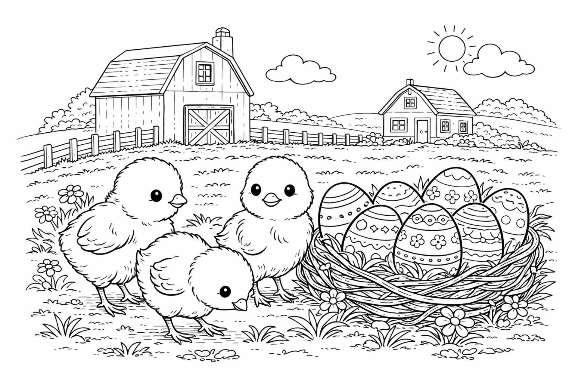 Osterküken vor Bauernhof – Ausmalbild ab 6 Jahren