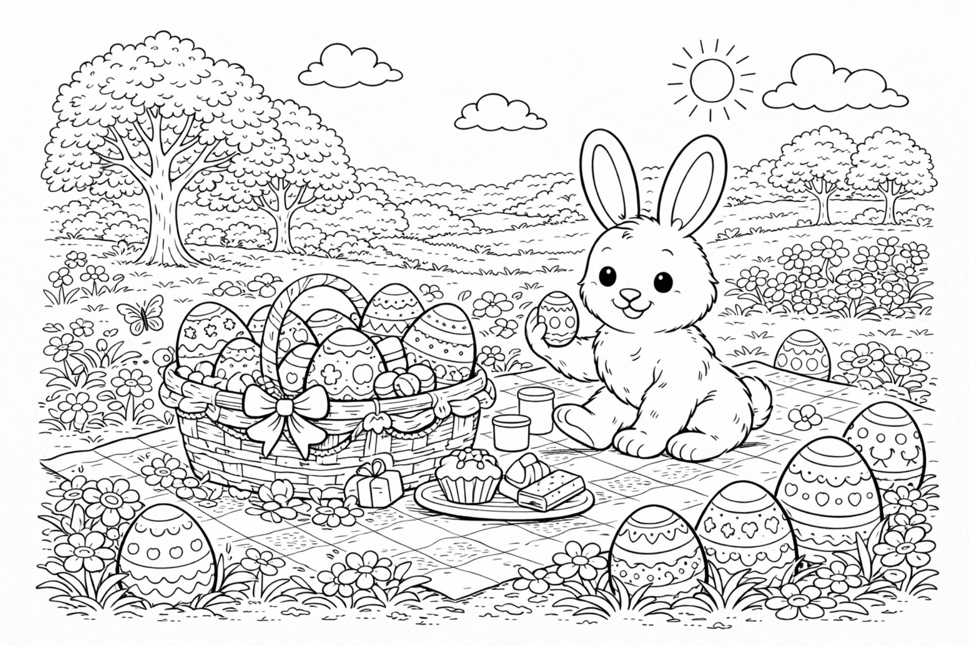 Osterpicknick auf der Wiese – Ausmalbild ab 6 Jahren