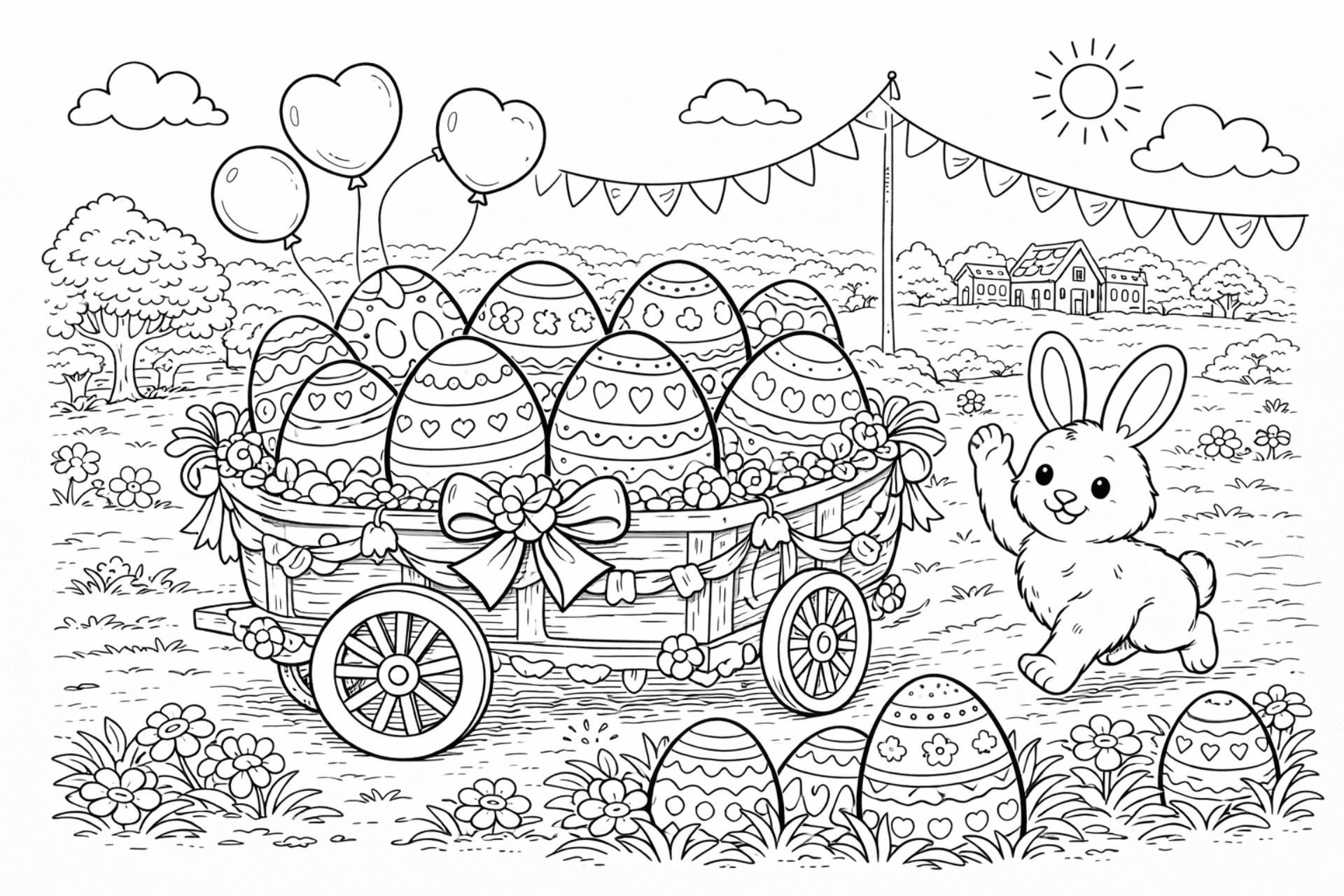 Osterumzug mit geschmücktem Wagen – Ausmalbild ab 6 Jahren