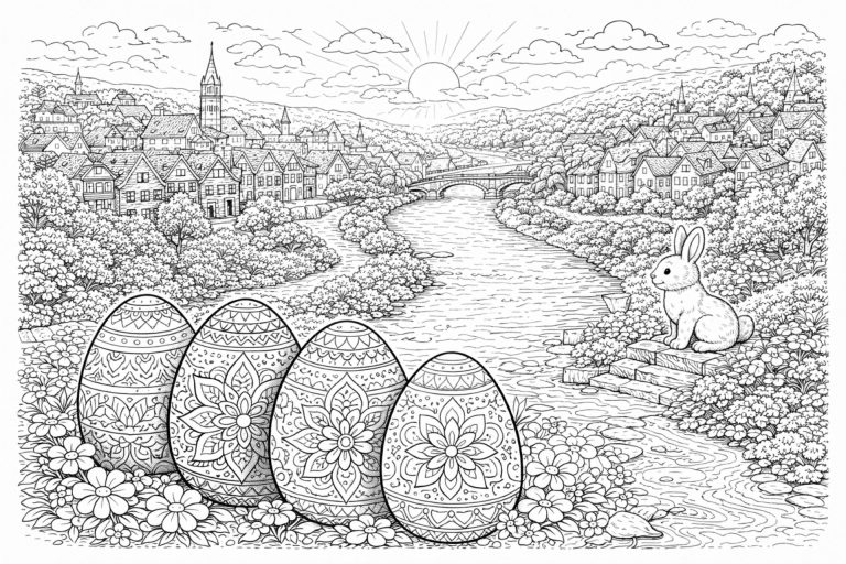 Großes Osterpanorama – Ausmalbild ab 8 Jahren