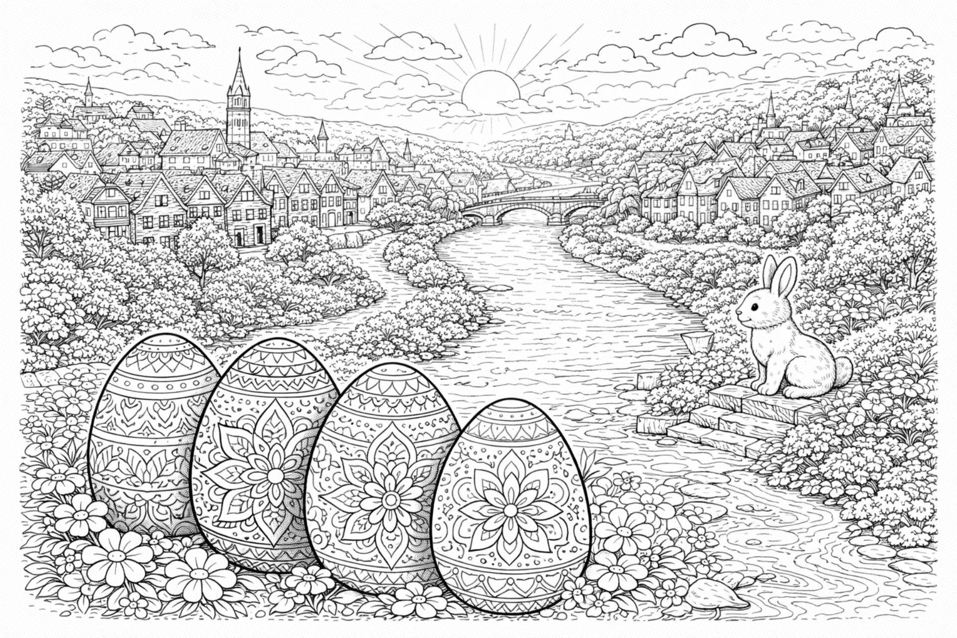 Großes Osterpanorama – Ausmalbild ab 8 Jahren