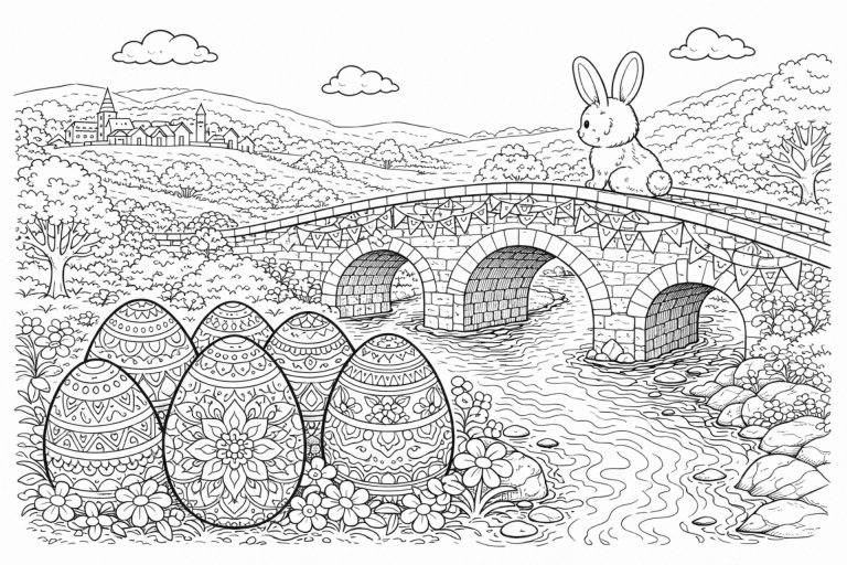 Osterbrücke über dem Fluss – Ausmalbild ab 8 Jahren