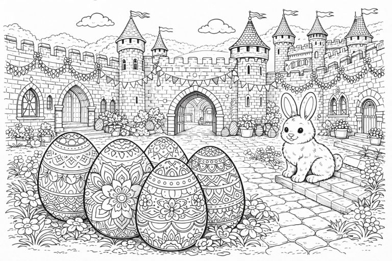 Osterburg mit Innenhof – Ausmalbild ab 8 Jahren