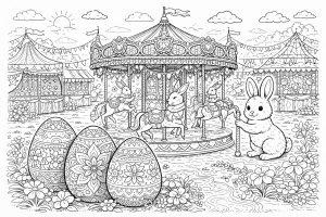 Osterjahrmarkt mit Karussell – Ausmalbild ab 8 Jahren
