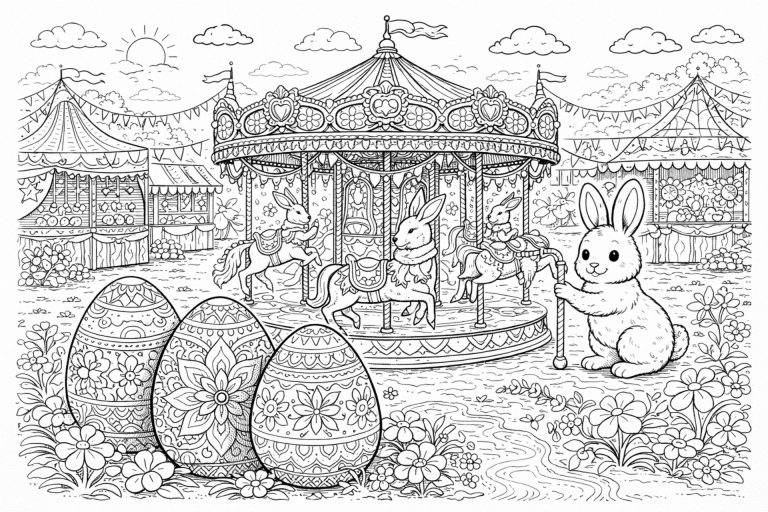 Osterjahrmarkt mit Karussell – Ausmalbild ab 8 Jahren
