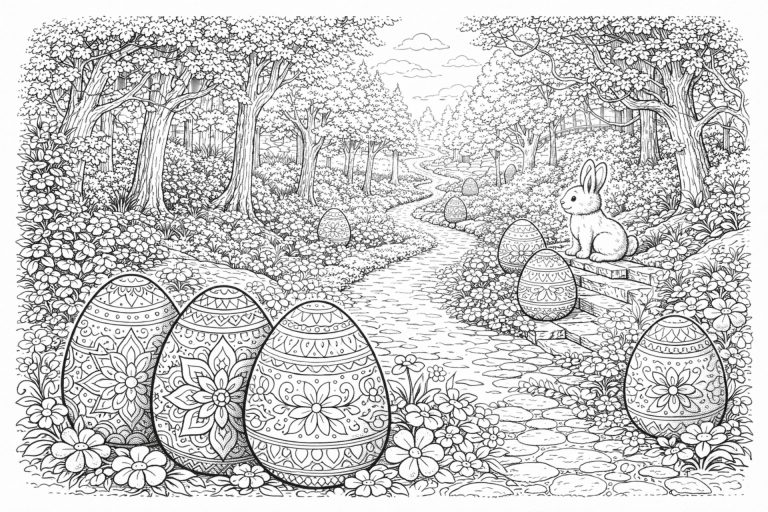 Osterwald mit Eierpfad – Ausmalbild ab 8 Jahren