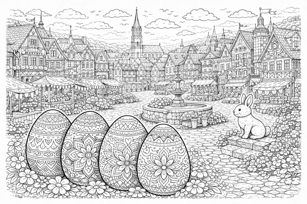 Große Osterstadt mit Marktplatz – Ausmalbild ab 11 Jahren