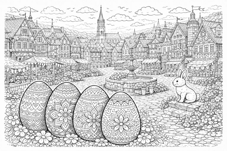 Große Osterstadt mit Marktplatz – Ausmalbild ab 11 Jahren