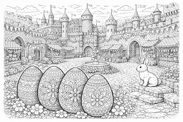 Osterfestung mit Innenhof – Ausmalbild ab 11 Jahren