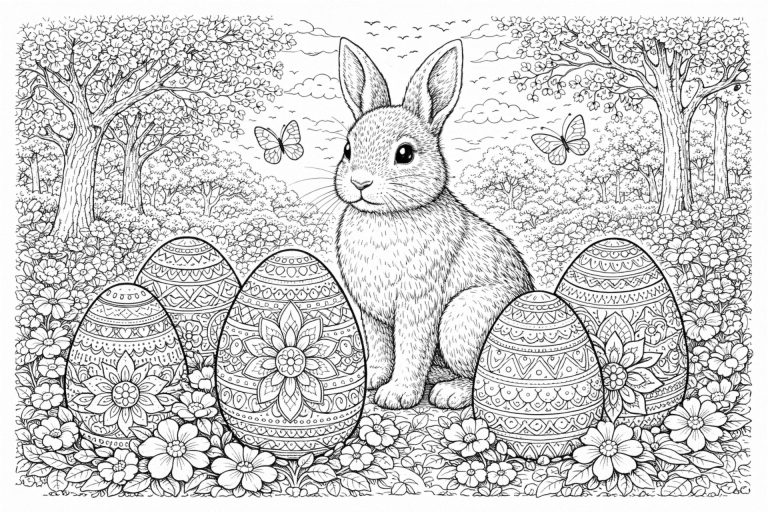 Osterhase im Frühlingsgarten – Ausmalbild ab 11 Jahren
