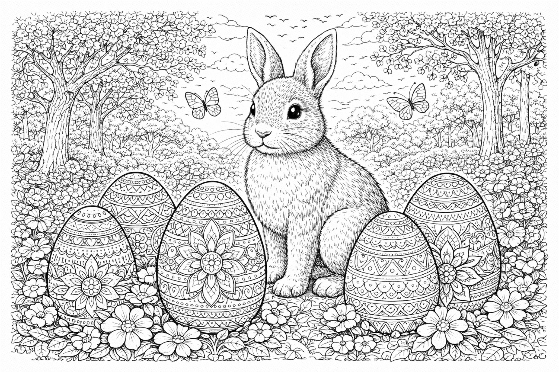 Osterhase im Frühlingsgarten – Ausmalbild ab 11 Jahren