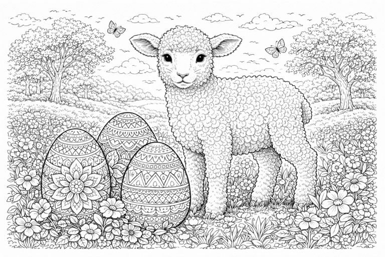 Osterlamm auf der Frühlingswiese – Ausmalbild ab 11 Jahren