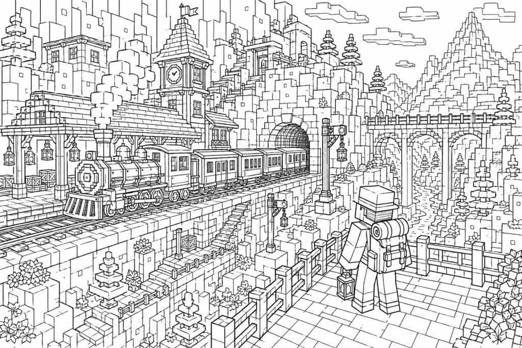 Blockwelt Bergbahn und Bahnhof - Ausmalbild ab 11 Jahren