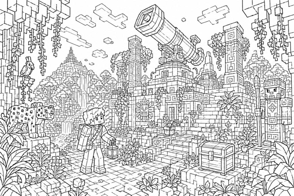 Blockwelt Dschungeltempel mit Fernrohr - Ausmalbild ab 11 Jahren