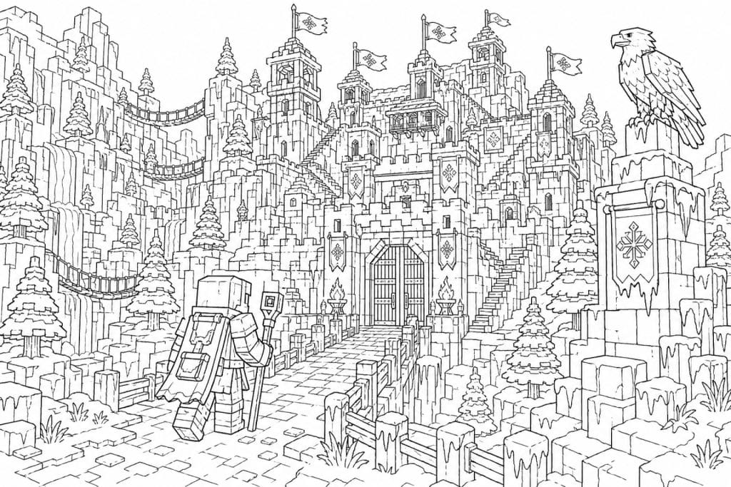 Blockwelt Eisfestung - Ausmalbild ab 11 Jahren