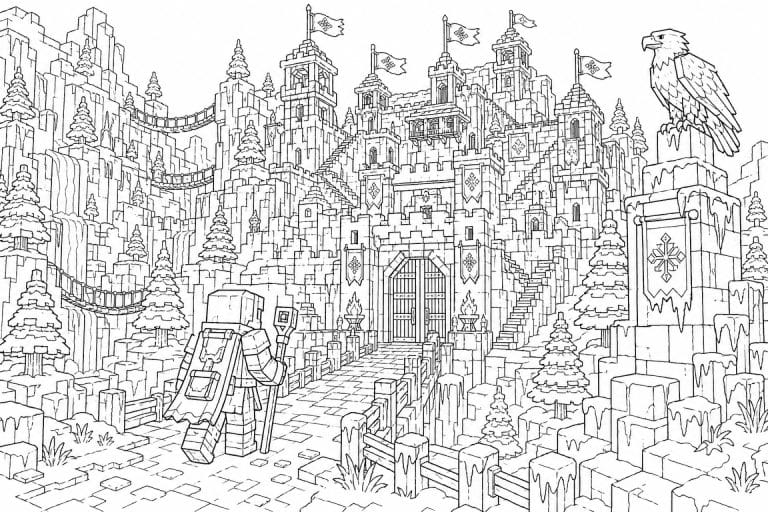 Blockwelt Eisfestung - Ausmalbild ab 11 Jahren