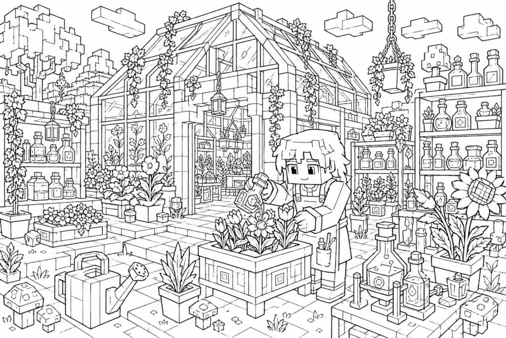 Blockwelt Gewächshaus und Gartenwerkstatt - Ausmalbild ab 11 Jahren