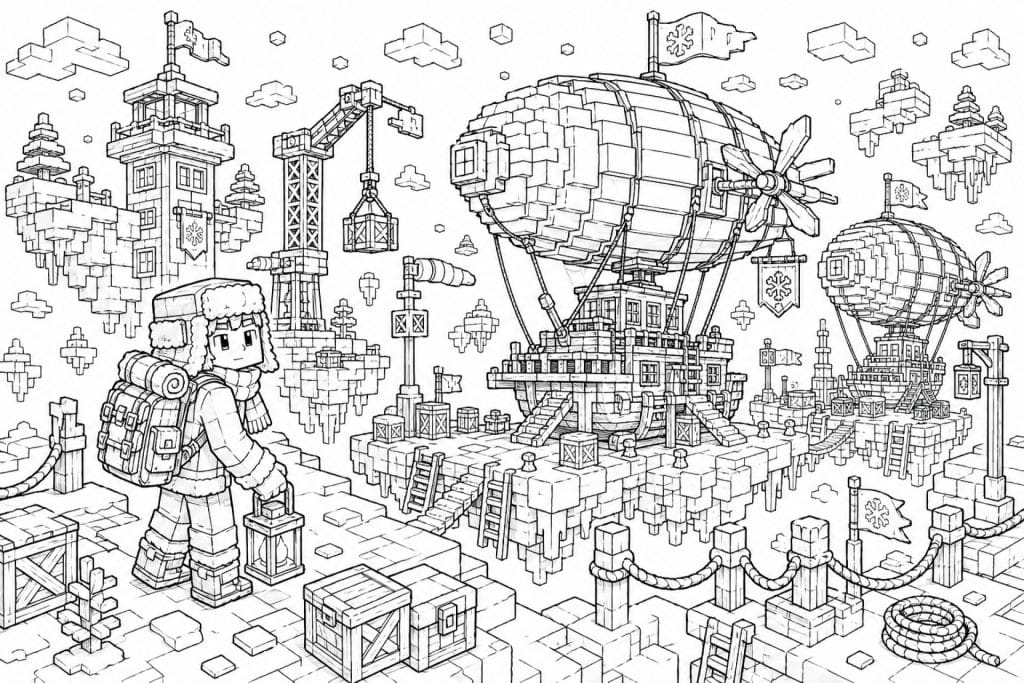 Blockwelt Schneehafen mit Luftschiffen - Ausmalbild ab 11 Jahren