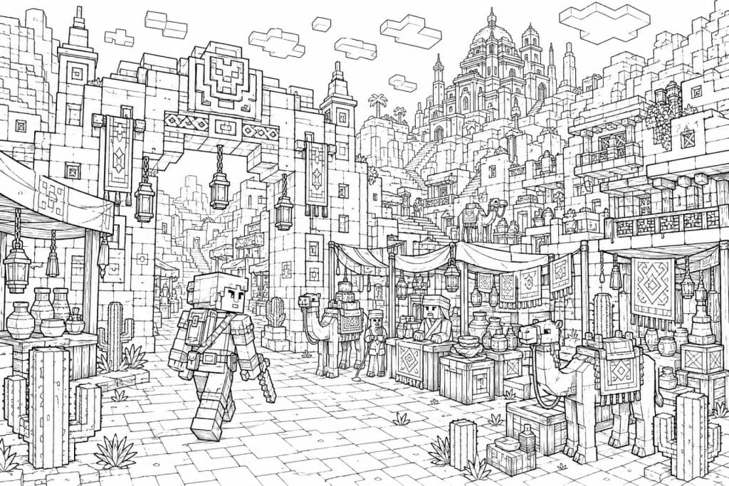 Blockwelt Wüstenmarkt - Ausmalbild ab 11 Jahren