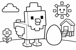 Blockwelt Huhn mit Ei - Ausmalbild ab 2 Jahren